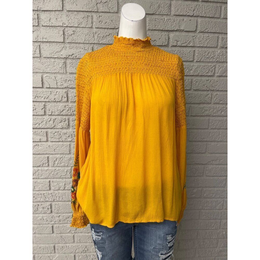 Rocks & Indigo Women Mustard Smocked Floral Embroidered Long Sleeve Blouse Size